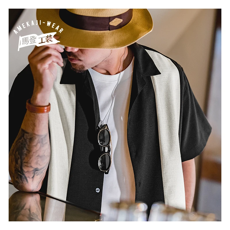 

Maden 2023 Summer Men's Casual Linen Shirt Cuban Collar Button Down Short Sleeve Shirts Korean Style Breathable Hawaiian Blouses