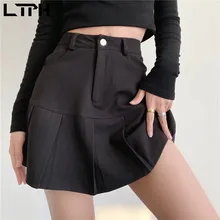 

LTPH Korean skirt women college style stitching pleated skirt high waist zipper security privacy A-line skirt 2022 spring new