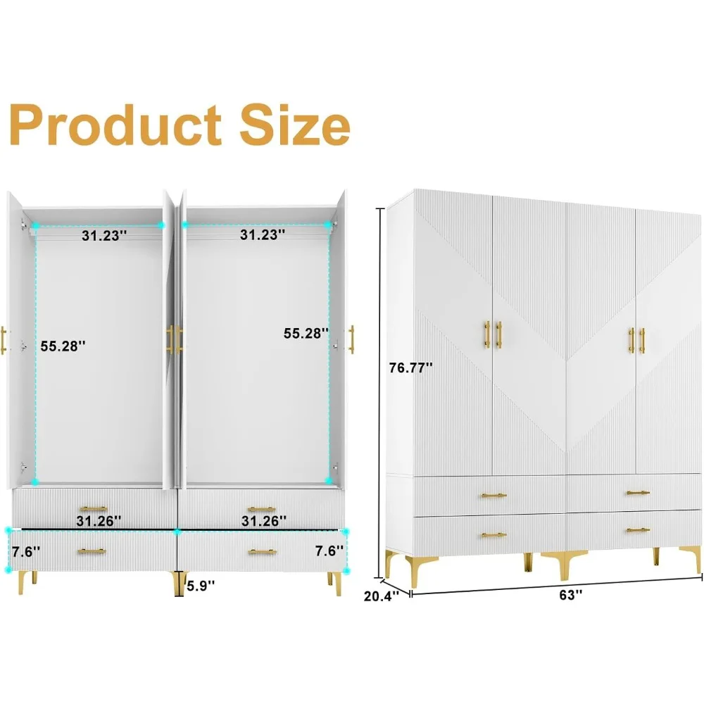 Wardrobe Armoire with 4 Doors, 4 Drawers and 2 Hanging Rods, Twill Wood Closet Storage with Metal Cabinet Legs, Wardrobes 5