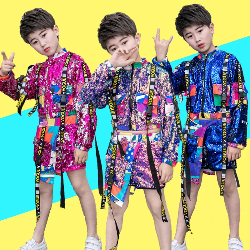 

Kids Blue Pink Sequins Outfit Girls Jazz Costume Hip Hop Clothes Child Stage Performance Clothing Modern Dancing Clothes XS4315