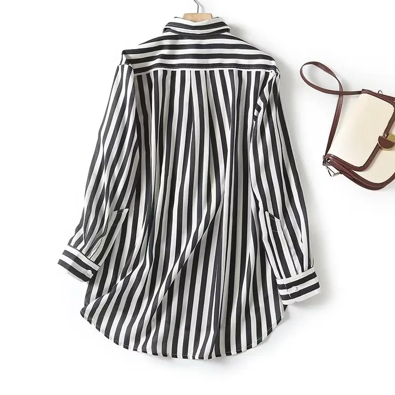 Jenny&Dave Fashion Ladies Black and White Striped Blouse Top Women Autumn New French Lazy Casual Loose Boyfriend Style Shirt autumn winter knitwear sweater thickened men s korean version trend loose japanese winter ins hong kong style lazy thread coat