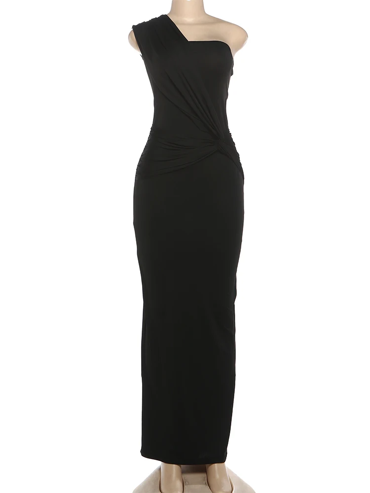 Nibber Casual Long Dress Woman Ruched Kink Design Skew Inclined Shoulder Sleeveless Backless Street Fashion Style Slim Vestidos