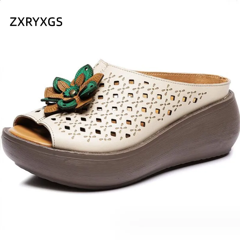 

ZXRYXGS Top Cowhide Flowers Thick Soled Wedges Slippers Fashionable Sandals 2024 Summer Open Toe Flowers Slipper Outdoor Wearing