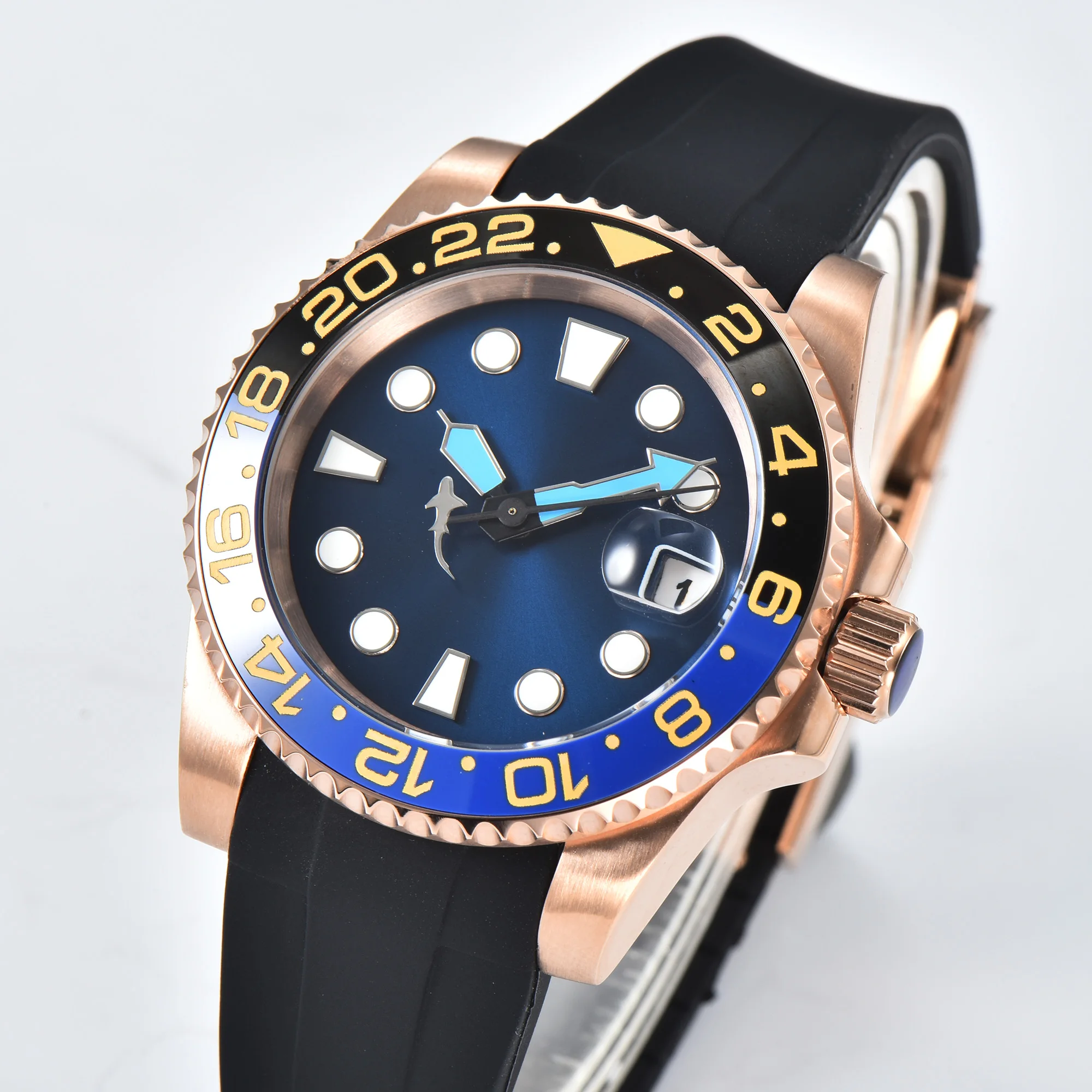 

40mm DEBERT Luxury Men Automatic NH35 Movement Watch Date Sterile Blue Dial Ceramic Bezel Stainless Steel Luminous