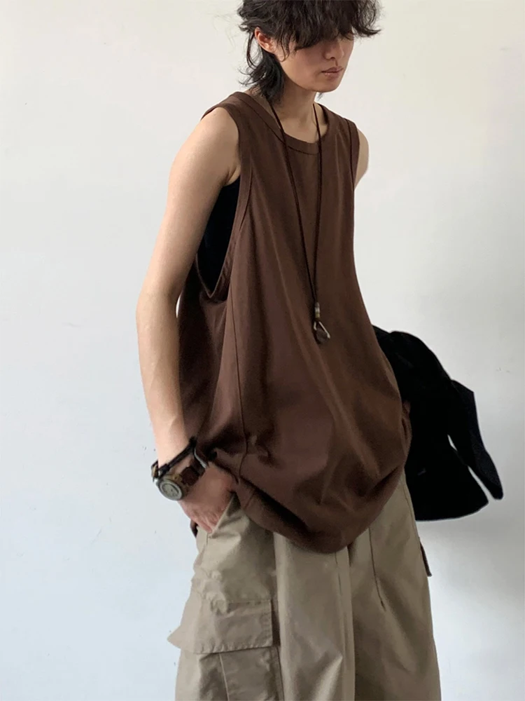 

HOUZHOU Sport Men's Tank Tops Gym Hombre Sleeveless Tee Vest Men Streetwear Loose Casual Basketball Brown O-neck Cotton