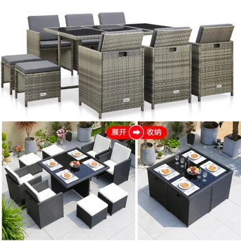 5pcs/9pcs/11pcs/13 Piece Synthetic Rattan Garden Dining Set with table and chair cushions stool