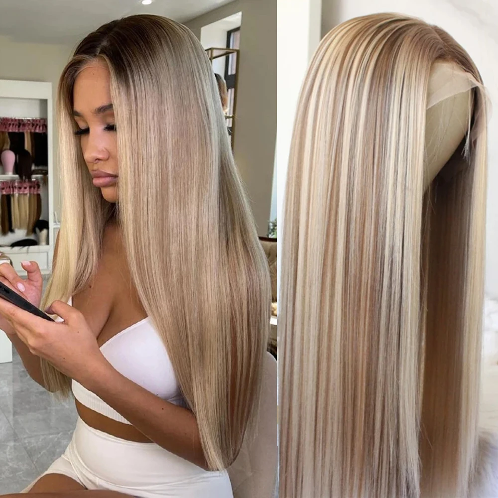 

Ash Blonde Straight Lace Wig Highlight Wig Ombre Blonde Synthetic Hair Wig MiddleT Part Lace Wigs For Women Long Straight Hair