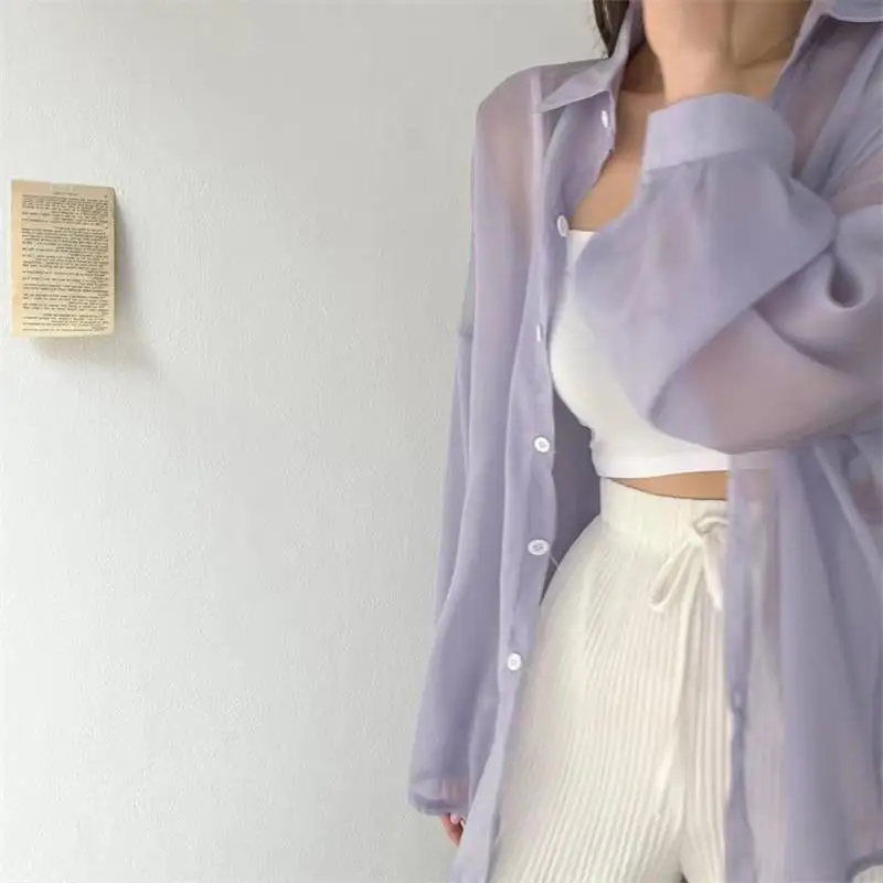 Blusa holgada de verano para mujer, estilo coreano básico, transparente, fina y elegante, lisa, a prueba de sol, a la moda, combina con todo.