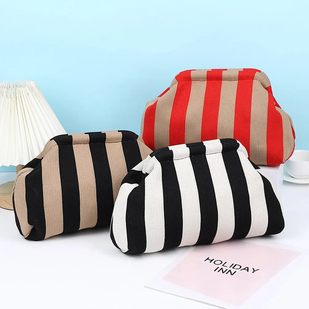 Summer Beach Clutch Bag for Women Elegant Striped Handbag Woven Crochet Purses Knitting Dumpling Clutch Casual Colorblock Bag