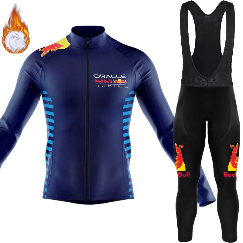Men's Cycling Clothing 2024 Winter Thermal Fleece Jersey Bib Road Bike Uniform For Bicycle Red Bull Set Mtb Professional Shirt 5