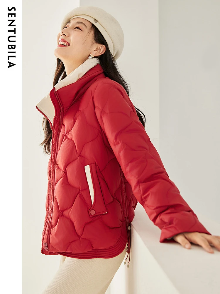 SENTUBILA Women's Contrast Crop White Duck Down Jacket 2023 Winter Stand Collar Down Coat Loose Warm Puffer Jackets W34Y49917