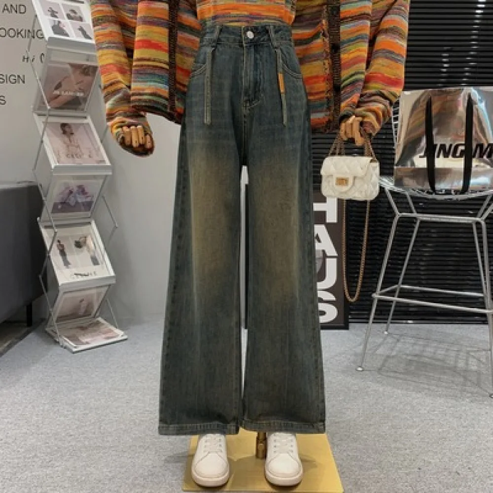 

Женские джинсы в стиле ретро, синие джинсы с широкими штанинами и высокой талией, повседневные Прямые джинсы свободного покроя, Осень-зима 2023