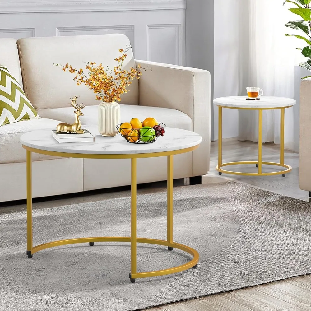 2-piece Nested Table Set, Living Room Circular Coffee Table with Golden Metal Frame, Marble Patterned Nested Table 2