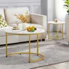 2-piece Nested Table Set, Living Room Circular Coffee Table with Golden Metal Frame, Marble Patterned Nested Table 2