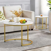 2-piece Nested Table Set, Living Room Circular Coffee Table with Golden Metal Frame, Marble Patterned Nested Table 2
