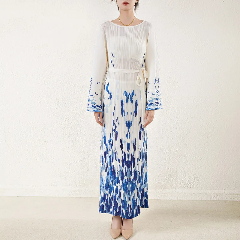 

Платье женское длинное Плиссированное с круглым вырезом и длинными рукавами