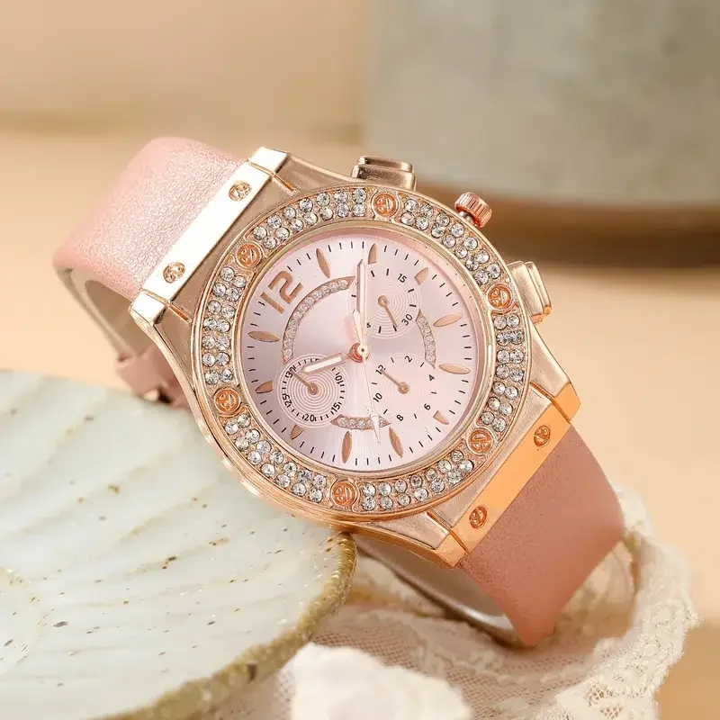 Elegant Women's Starry Diamond Dial Bracelet & Leather Band Watch Set