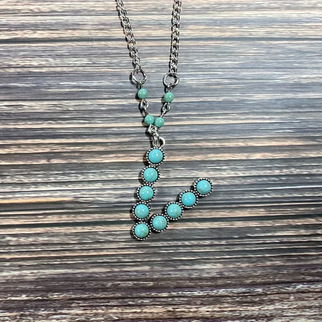 Turquoise Oval Stone Initial Necklace 