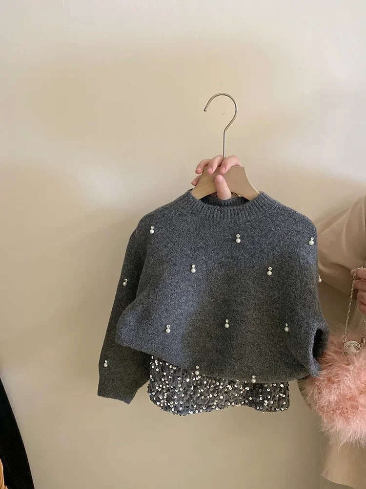 Girls Suit Autumn New Childrens Wear Korean Style Baby Girl Pearl Rhinestone Knit Sweater Sequin Skirt Two-piece Set