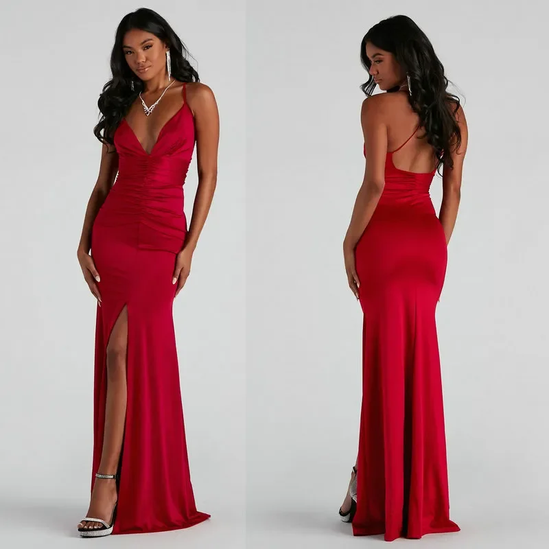 

Sexy V-neck Split Sling Fishtail Long Skirt Wedding Dresses for Women Y2k Clothes Dresses Gala Red Christmas Evening Dress Satin