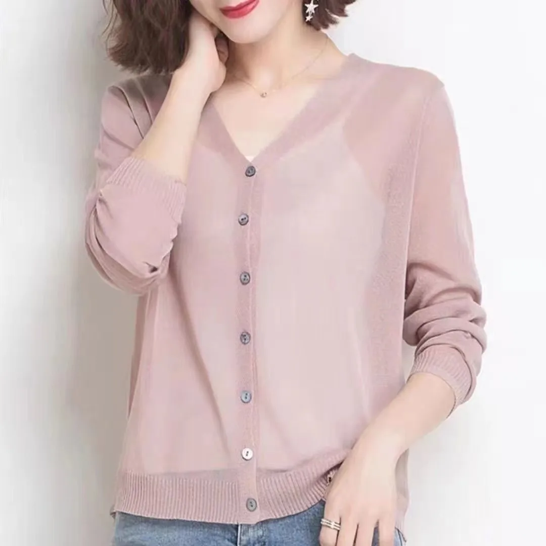 Cardigan Summer Long Sleeve Knitted Women New Ice Silk Knitwear Korean Thin Air-conditioning Sunscreen Shirt Tops