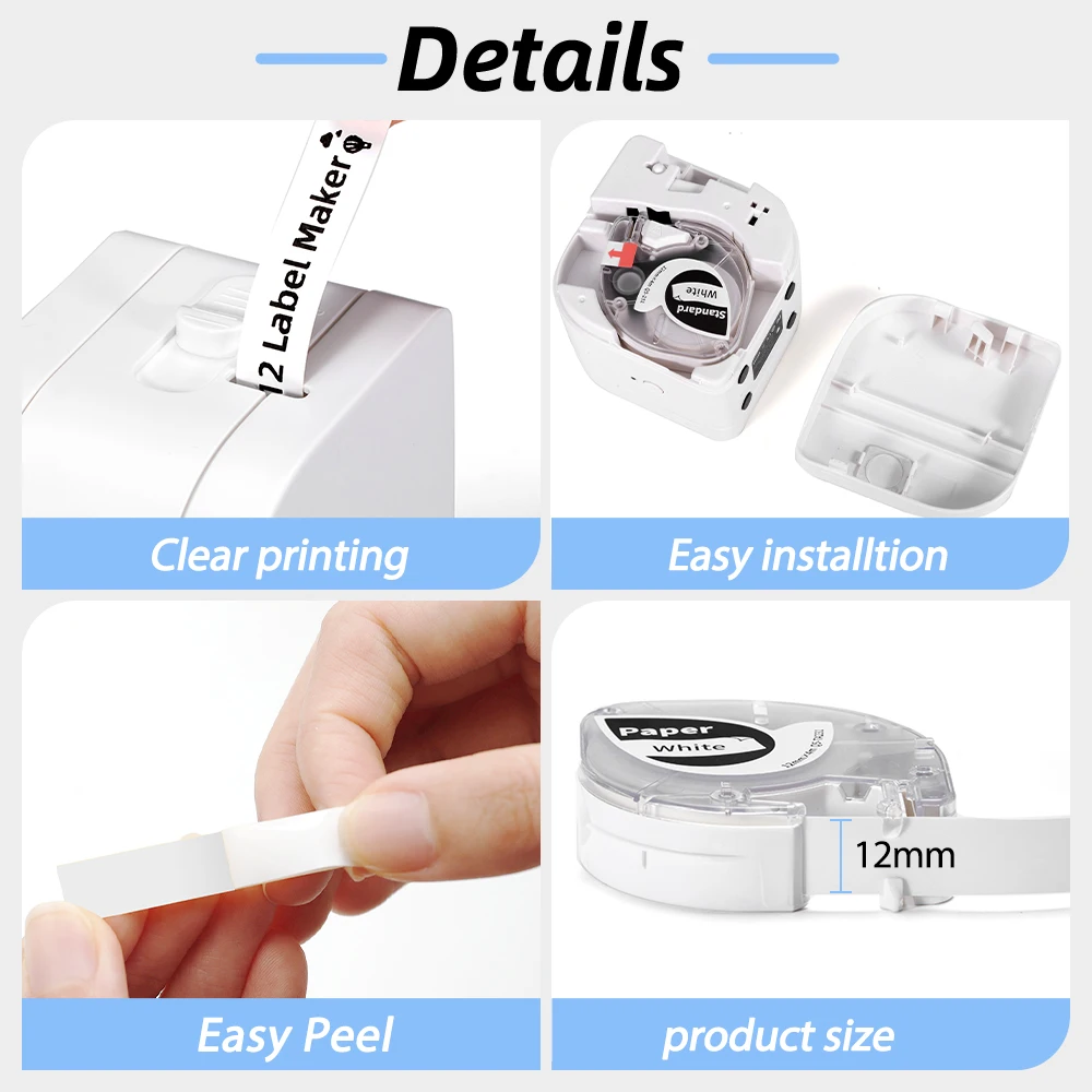 Phomemo-P12/P12PRO 라벨 테이프 12mm 흰색 DYMO Letratag 라벨 메이커 호환 4m, 내열성 자체 접착 의류 라벨