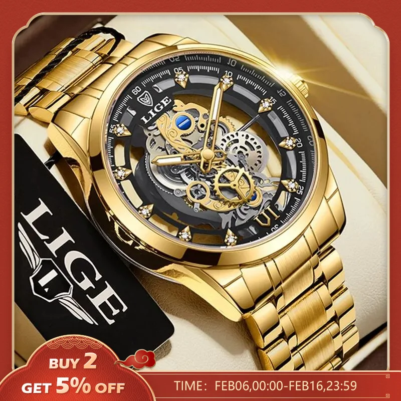 Lige New Men Watch Skeleton Orologio Da Polso Al Quarzo Gold Skeleton Retro Man Watch Top Brand Luxury Clock Orologi Da Uomo Reloj Hombre