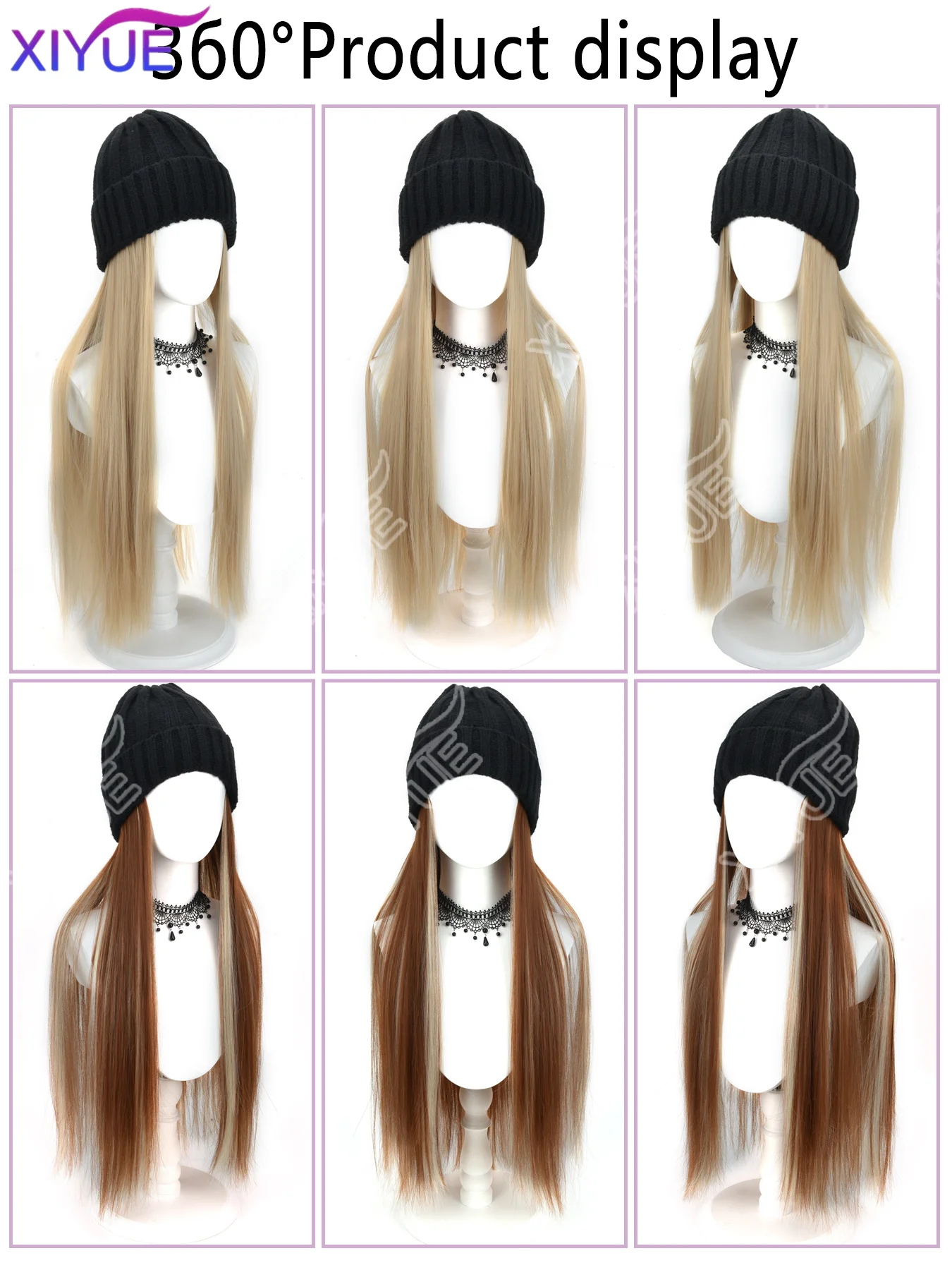 XIYUE Long Synthetic Straight Dark Brown Wigs with Hat Cap Adjustable Hair Wig with Hats for Ladies and Girls Daily Winter Wear