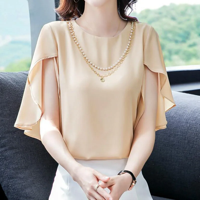 

Summer Women's 2023 New Fashion Elegant Split Butterfly Sleeve O-Neck Shirt Casual Solid Color Chiffon Pullovers Blouses Female