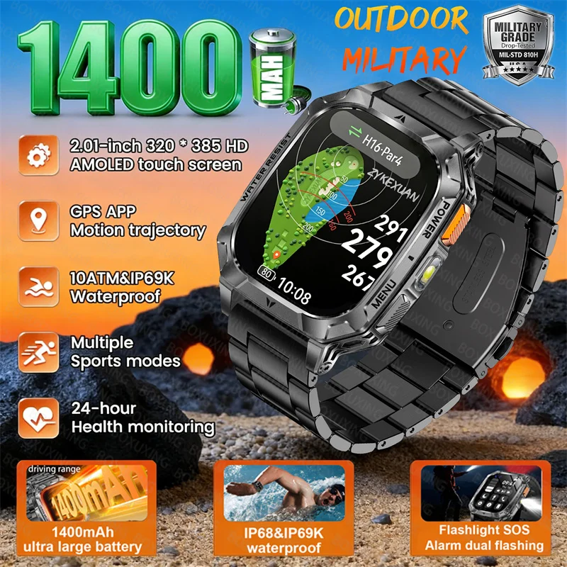 2026 New 1400mAh Big Battery Smart Watch Men Outdoor GPS Flashlight 10ATM Waterproof Bluetooth Call AMOLED HD Sports Smartwatch 1