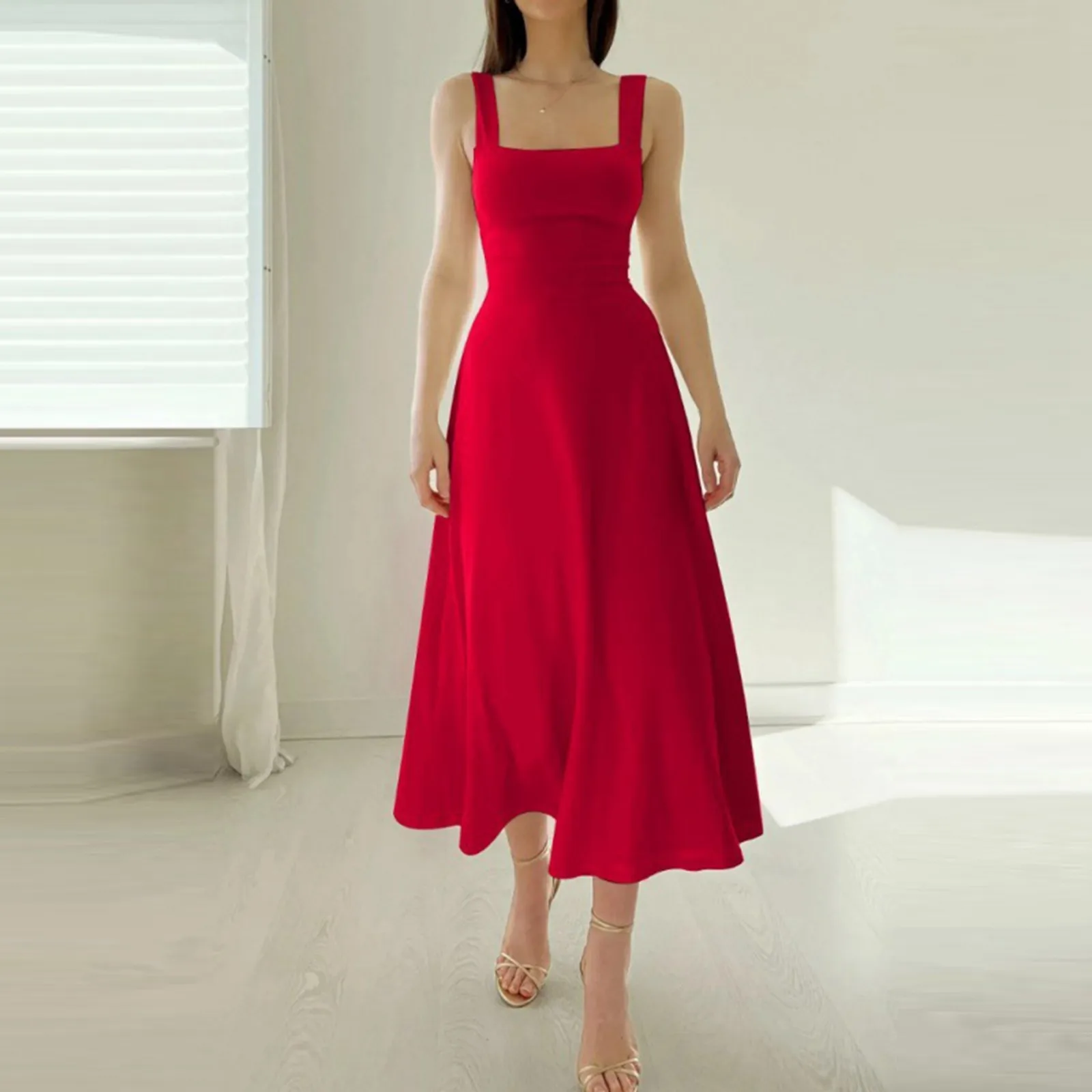 Ladies Thick Shoulder Strap Tank Dress Casual Square Neck Solid Skinny Long Dresses Summer High Waist Stretch Dresses Sundress