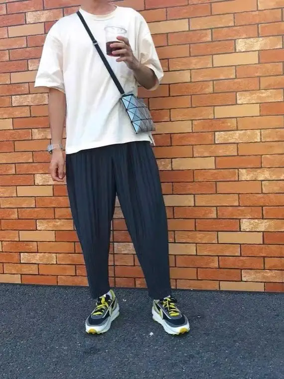 Loose Casual Summer Pants Men's Windbreaker Trousers Pleated Harajuku Sle High Waist Knitted Glass Fiber Resistant to Wrinkles