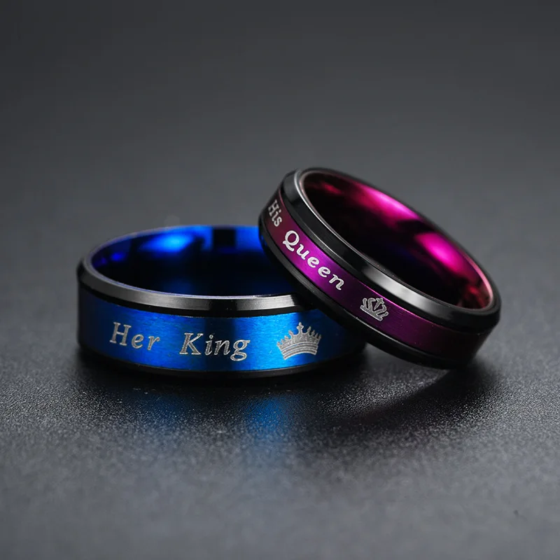 NUOBING Fashion His Queen Her King Couple Ring Crown Stainless Steel Wedding Ring for Women Men Jewelry Blue/Purple Color Ring for xiaomi 14 gradient glitter immortal flower ring all inclusive phone case blue