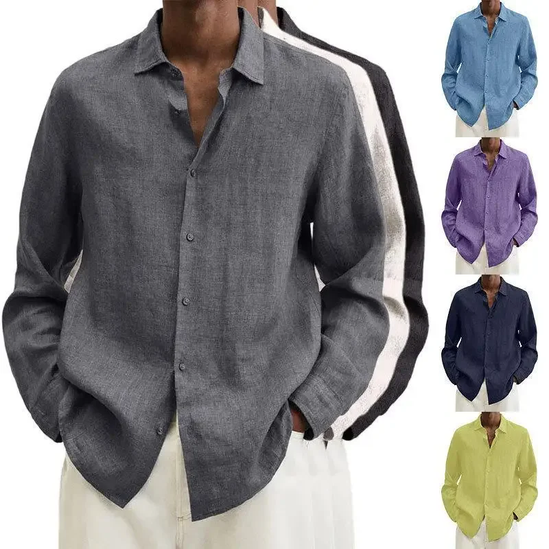 

Four Seasons Men Long Sleeve Shirt V-neck Loose Solid Color Simple Men's Clothing Button Cotton Linen Cardigan Shirts Blouse