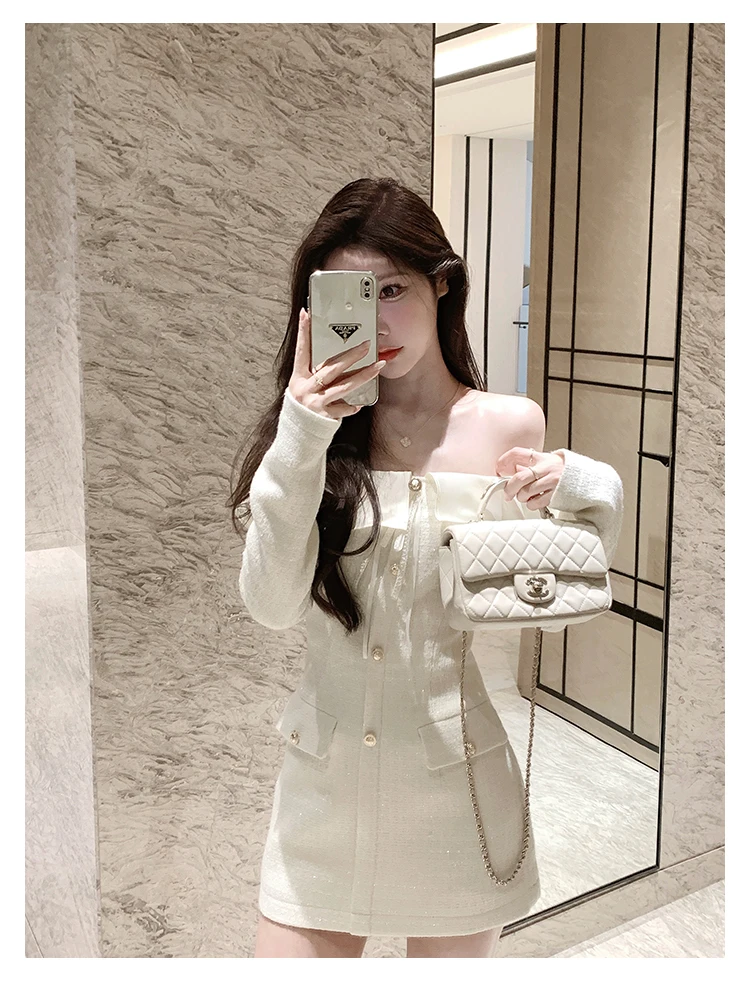 Elegant Tweed Slash Neck Short Dresses for Women Long Sleeve Slim Waist Birthday Party Dress Korean Fashion Vestidos Mujer