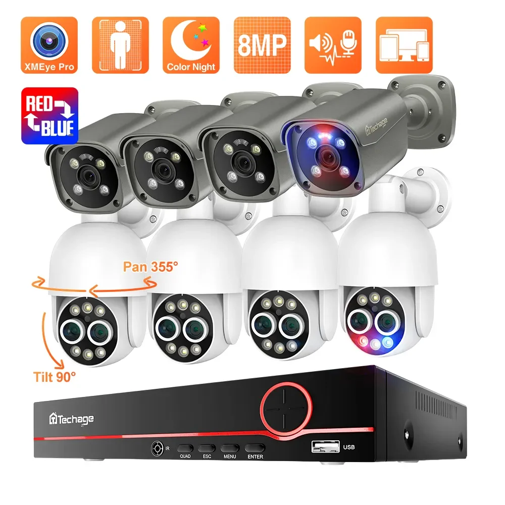 Techage HD 8CH 4K 8MP Surveillance Camera System Dual Lens PTZ POE Camera 8X Zoom AI Human Detected CCTV Video Security Kit