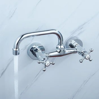 Rubinetto da bagno moderno in ottone argentato, rubinetto a due maniglie per montaggio a parete adatto per cucina, bagno, lavanderia, giardino 1