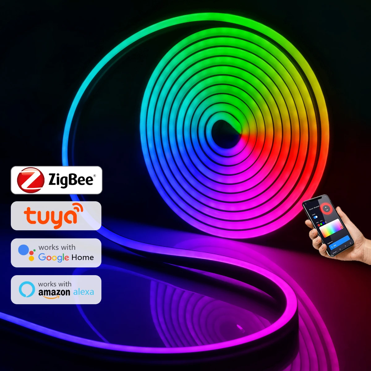 Smartlife/Tuya App Controlled DC12V RGB LED Neon Strip 2/3/5M Zigbee Flexible Neon Tape Lights for Game Room Bedroom Wall Decor