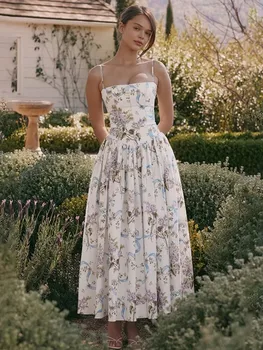 Townlike Print Waist Wrap A-line Dress Women Spaghetti Strap 2024 Summer Dress Backless Sexy Party Maxi Long Dresses Elegant