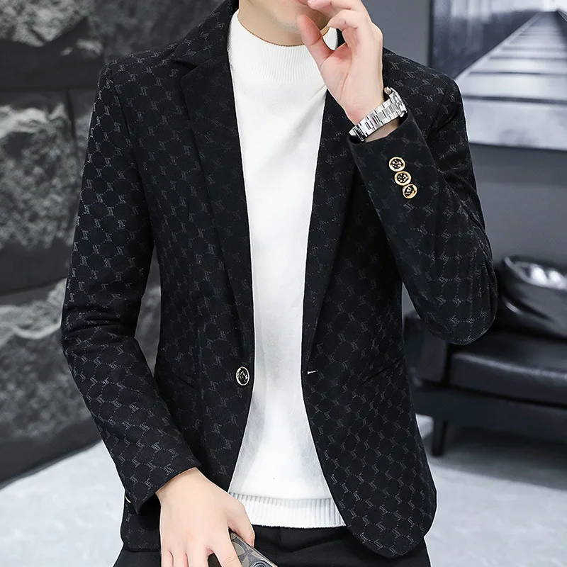 Brand Printed Mens Suit Jacket High Quality Khaki Gray Black Business Casual Man Clothing 2023 Fashion Slim Fit Male Blazer Coat