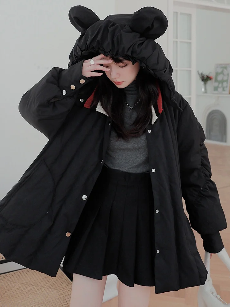 

2022 Winter Black Cotton Padded Jacket Parkas for Women Elegant Loose Korean Style Hooded Thicken Warm Cloak Coat Female 8605