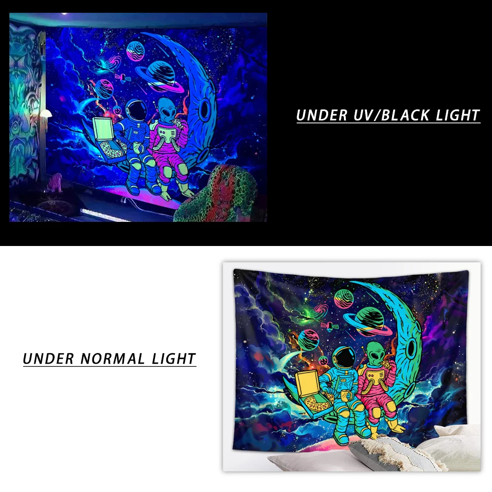 Tapestry decorations 1pc Astronaut space fluorescent tapestry, UV black light space alien tapestry, cool galaxy starry sky hanging
