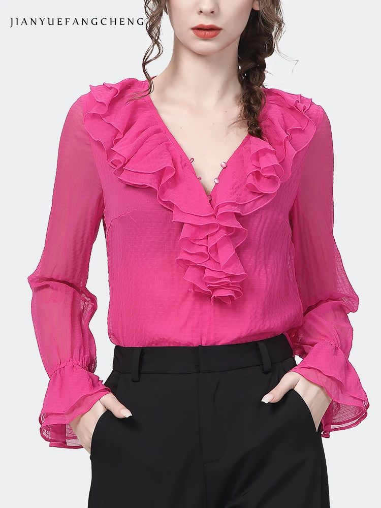 New Arrival Women Rose Floral Print Chiffon Blouse Long Sleeve