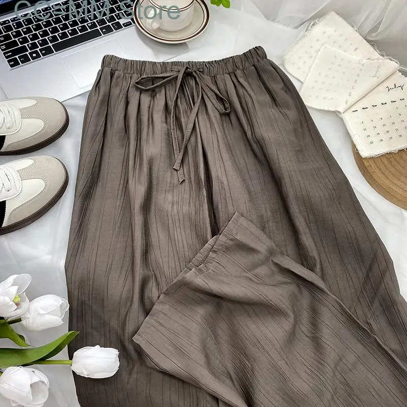 New High Waisted Pants for Women Solid Korean Fashion Drawstring Wide Leg Pants Ladies Casual Full Length Pants