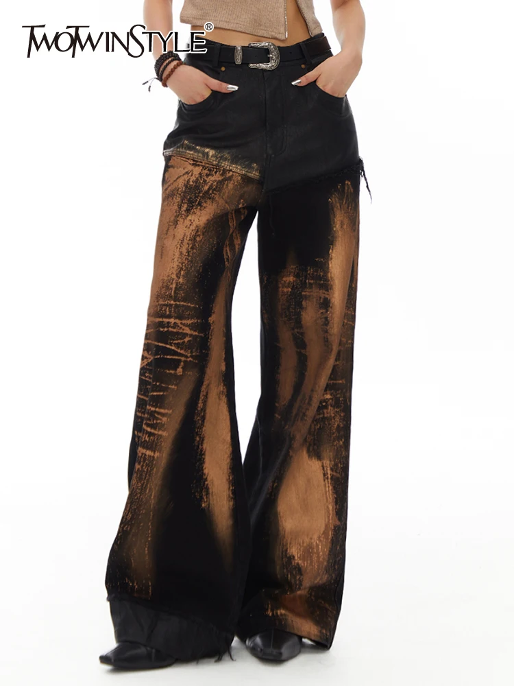 

TWOTWINSTYLE Vintage Distressed Jeans For Women High Waist Full Length Streetwear Casual Loose Wide Leg Female Fashion Clothing