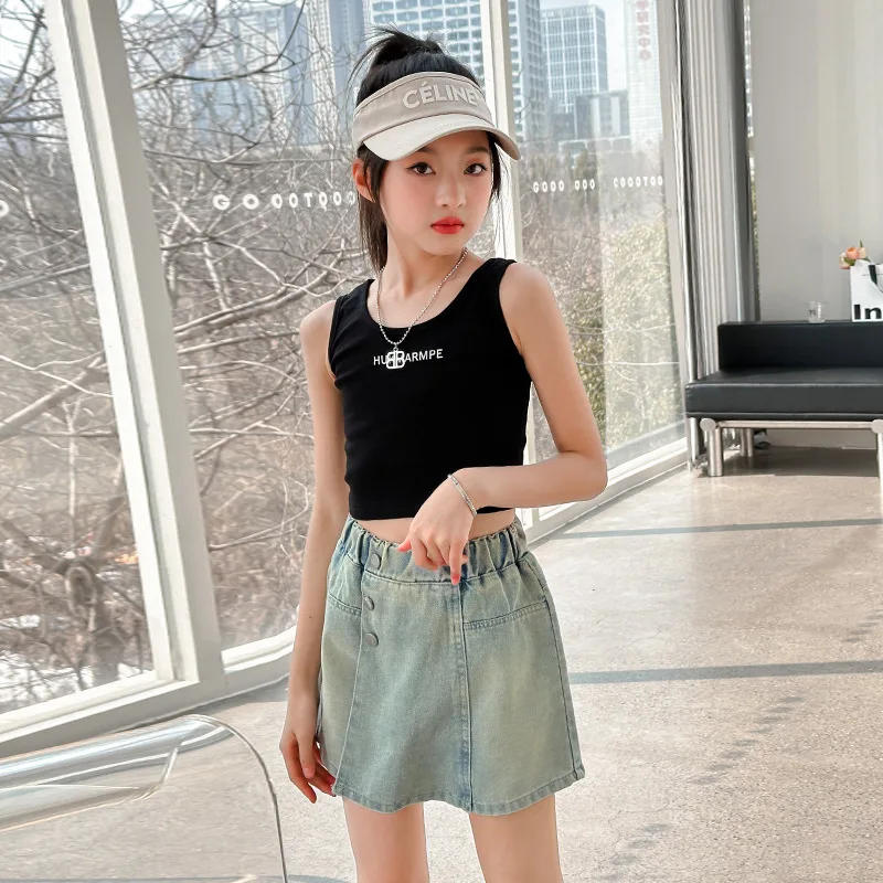 Girls Denim shorts Skirt Summer Children's Culottes Teenager Kids Casual Pantskirt Checkerboard Button Trouser Skirts