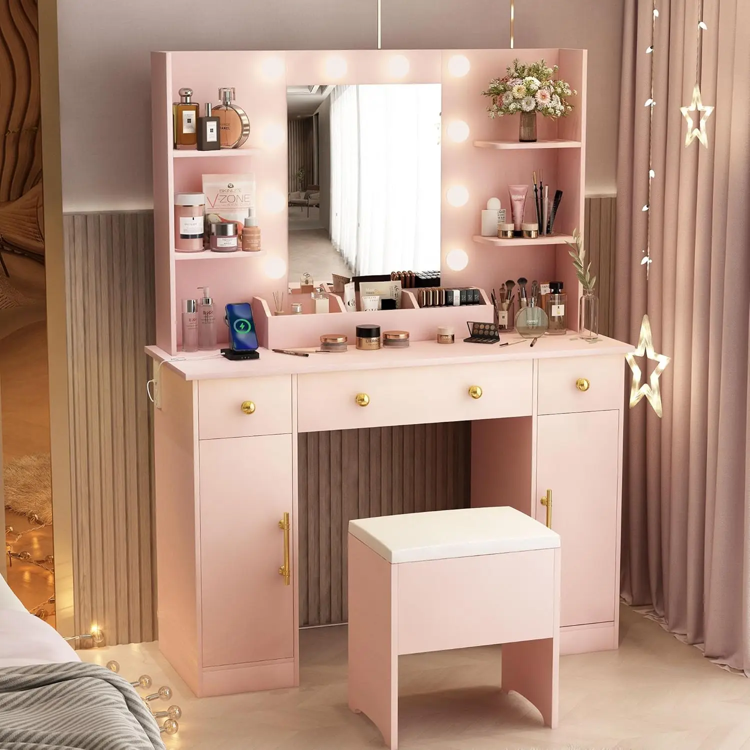 Desk with Mirror and Lights 43" Pink Makeup Dressing Table Set with 5 Drawers & Chair Power Outlet 3 Lighting Modes Adjustable