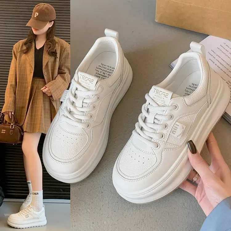 Spring Korean Version Thick Bottom Pure Color Sports Skate Shoes Women Casual Street Photography Shoes White Sneakers