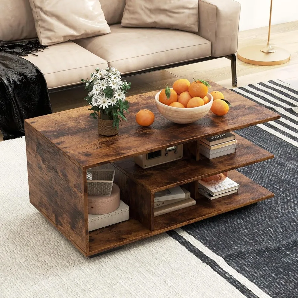 Mid Century Modern coffee table with storage shelves,  3-tier rectangular wooden tea table for living room, apartment 4