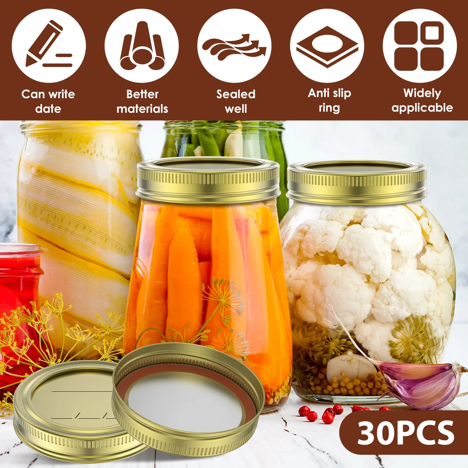 30Pcs Canning Jar Lids with Date Line Practical Mason Jar Covers Replacement Tinplate Sealing Reusable Leak Proof Lids